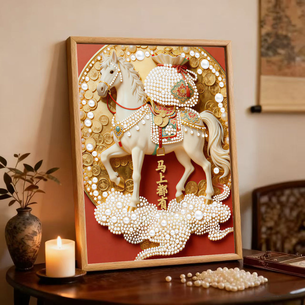 Decorative painting material package, handmade DIY Chinese style ornament, Year of the Horse pearl painting with photo frame, living room entrance hanging painting gift