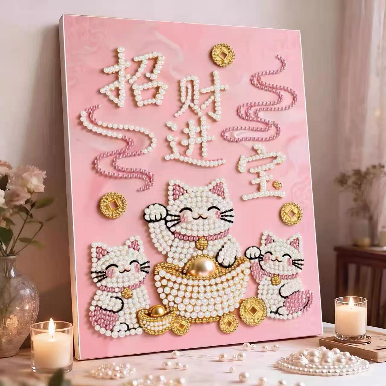 Decorative painting material package, handmade DIY Chinese style ornament, Year of the Horse pearl painting with photo frame, living room entrance hanging painting gift