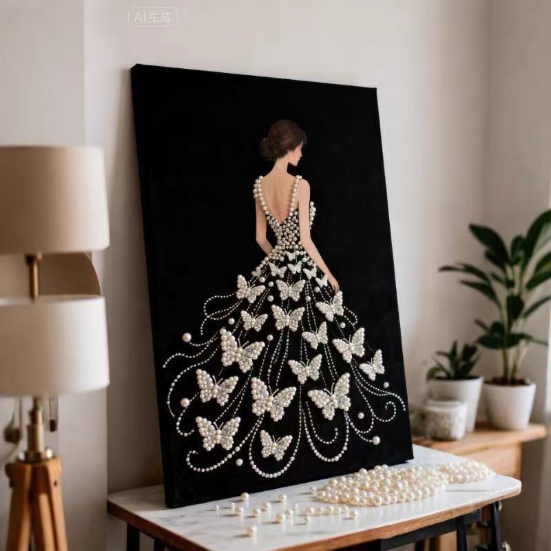 Decorative painting material package, handmade DIY Chinese style ornament, Year of the Horse pearl painting with photo frame, living room entrance hanging painting gift