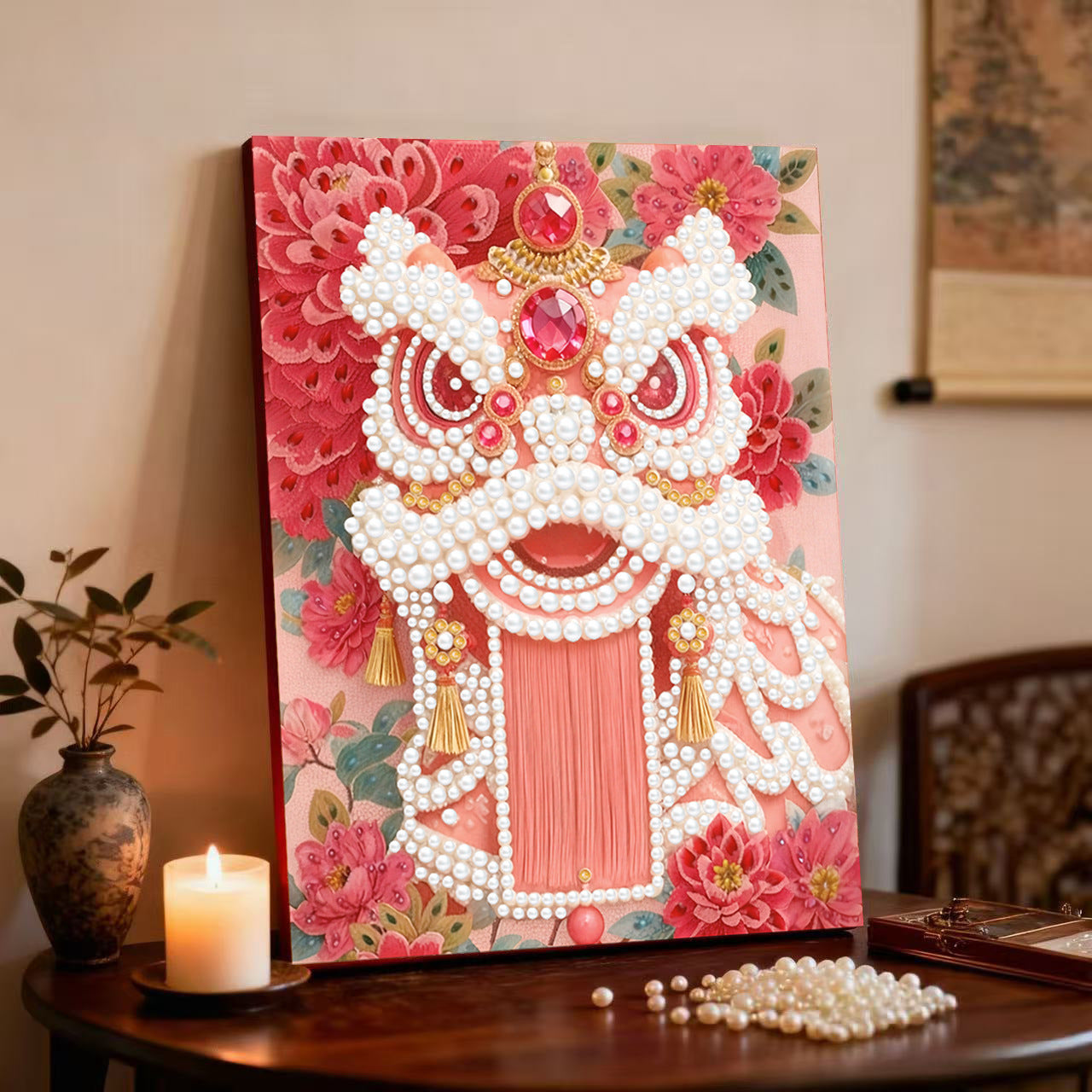 Decorative painting material package, handmade DIY Chinese style ornament, Year of the Horse pearl painting with photo frame, living room entrance hanging painting gift