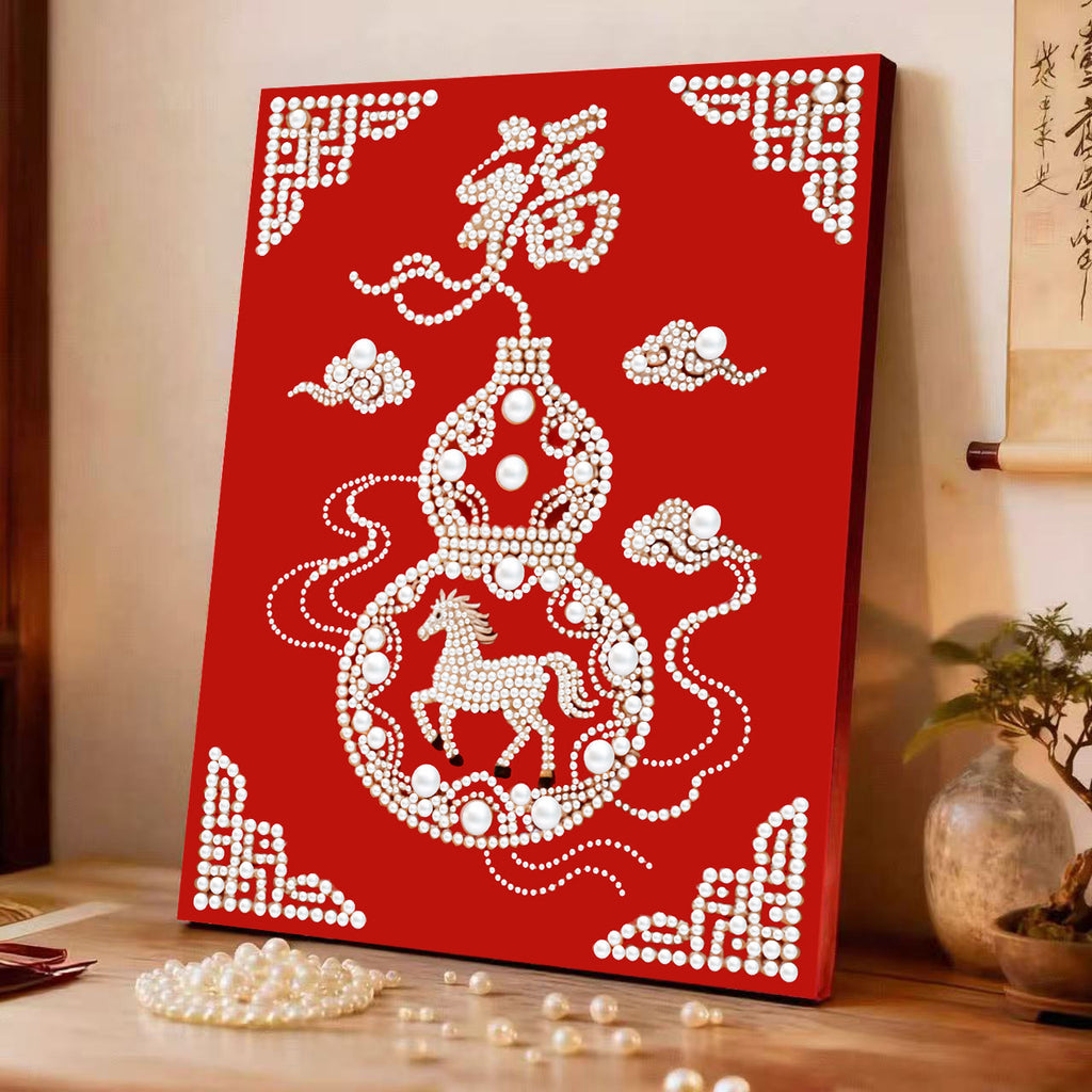Decorative painting material package, handmade DIY Chinese style ornament, Year of the Horse pearl painting with photo frame, living room entrance hanging painting gift