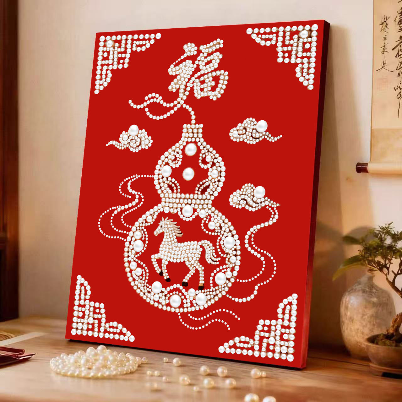Decorative painting material package, handmade DIY Chinese style ornament, Year of the Horse pearl painting with photo frame, living room entrance hanging painting gift
