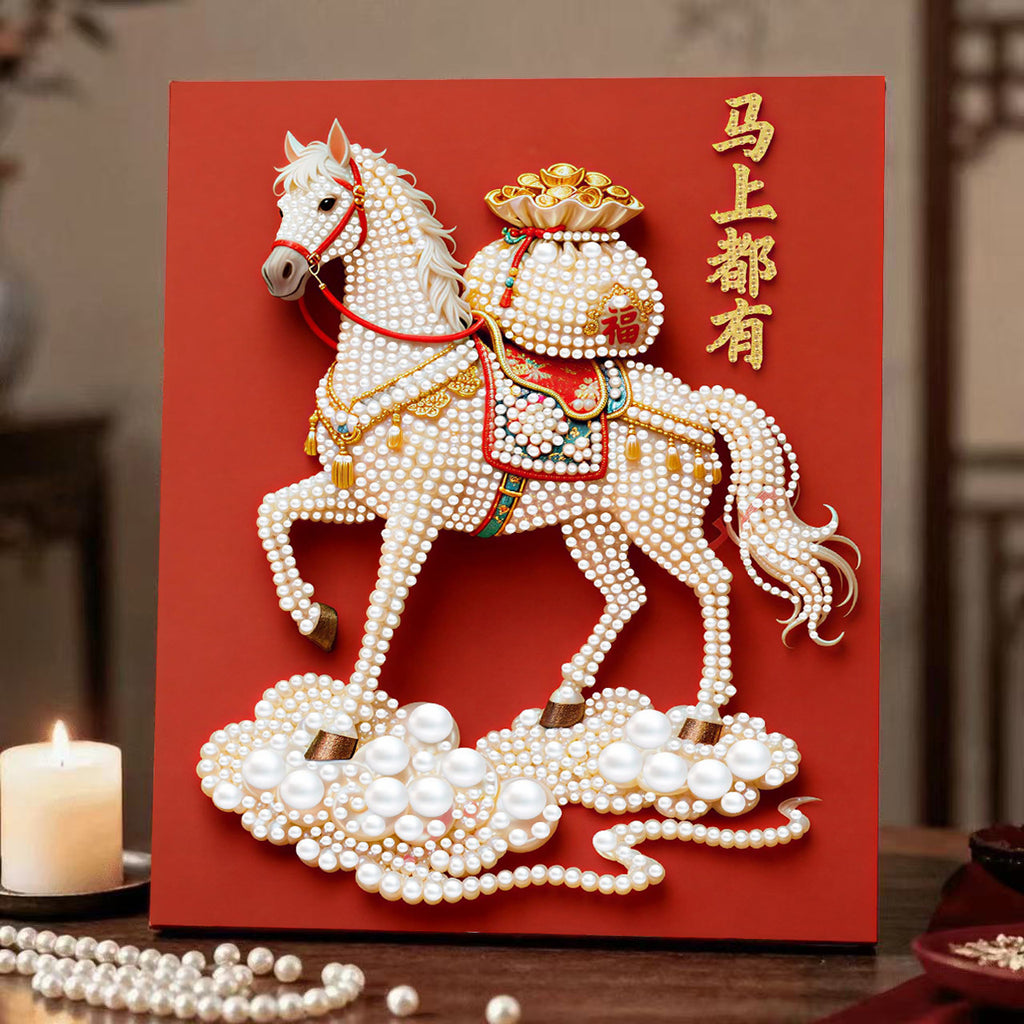 Decorative painting material package, handmade DIY Chinese style ornament, Year of the Horse pearl painting with photo frame, living room entrance hanging painting gift